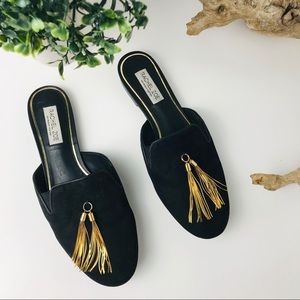 Rachel Zoe | leather suede gold tassel mules
